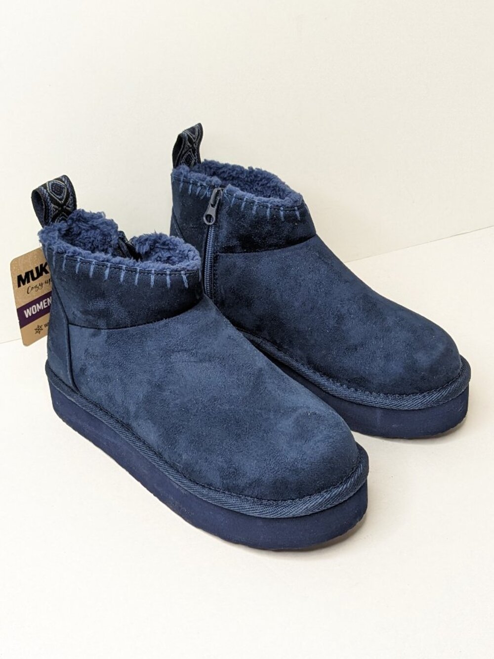 Muk Luks Augie Mini Side Zip Cozy Booties Navy Women's 7